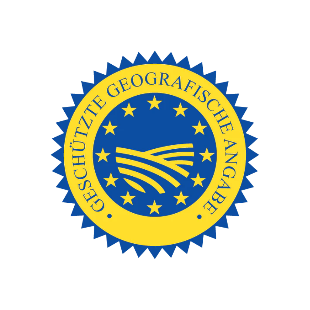 EU-Siegel 'Geschützte Geografische Angabe' (g.g.A.) in Blau und Gelb zur Kennzeichnung regionaler Produkte.