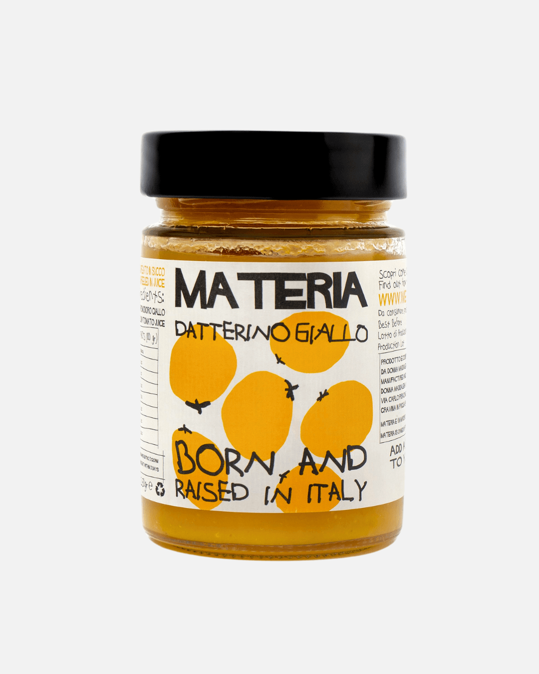 Ein Glas gelbe Tomatensauce Datterino Giallo von Materia mit gelben Tomaten auf dem Etikett.