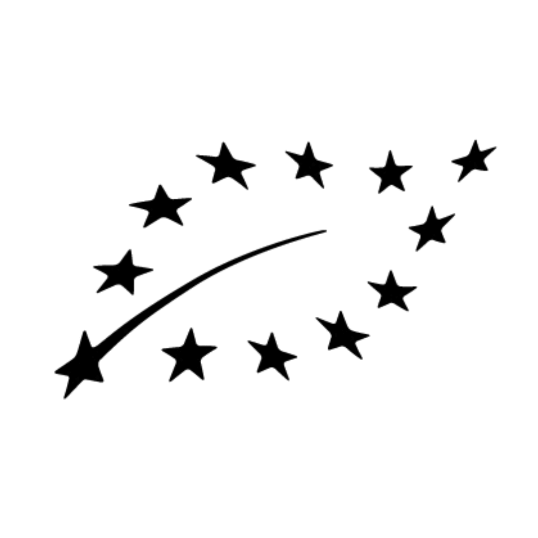 Schwarz-weißes EU-Bio-Logo – Symbol für zertifizierte Bio-Produkte bei Gourmie Goods.